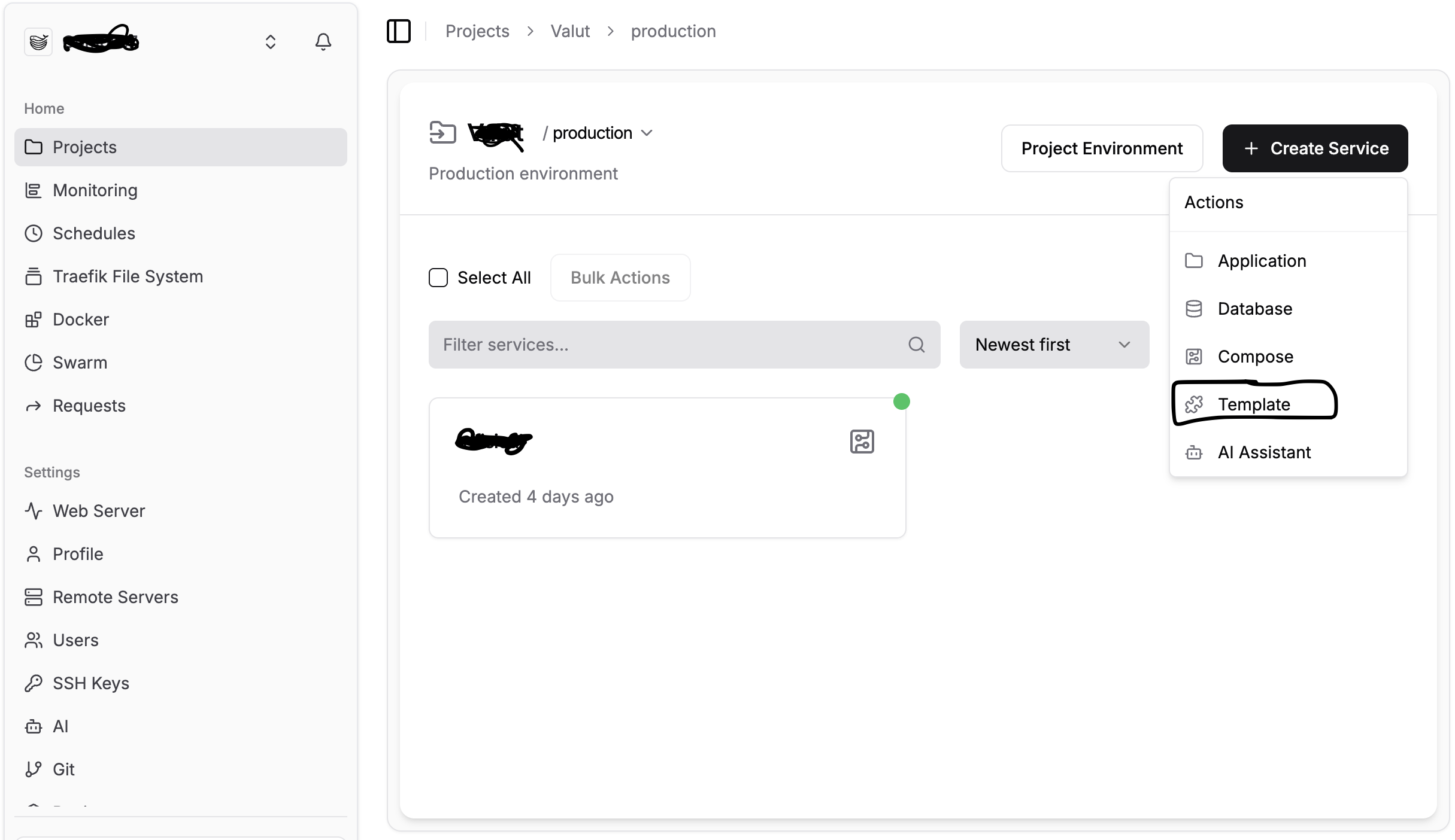 Choose template in Dokploy